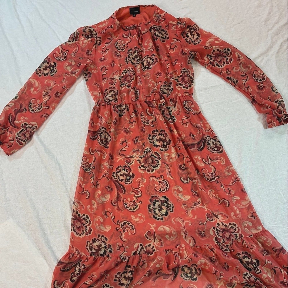 Who What Wear Women's Floral Midi Dress Size S Coral Ruffle Hem Long Sleeve F67
